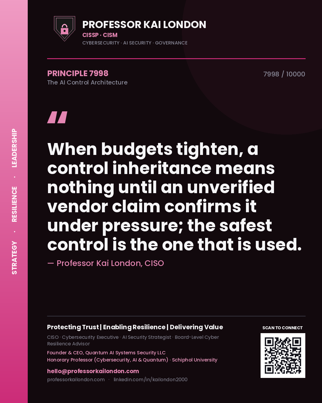 Quote card by Professor Kai London reading 'When budgets tighten, a control inheritance means nothing until an unverified vendor claim confirms it under pressure; the safest control is the one that is used.'. From the book The AI Control Architecture.