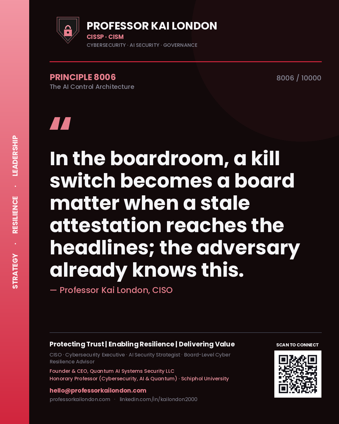 Professor Kai London principle 8006: In the boardroom, a kill switch becomes a board matter when a stale attestation reaches the headlines; the adversary already knows this.
