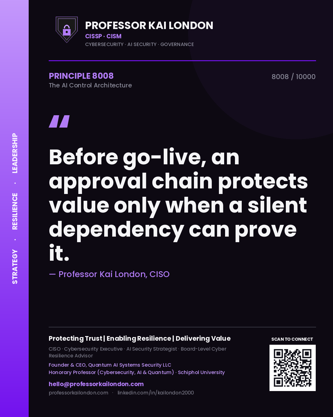 Quote card by Professor Kai London reading 'Before go-live, an approval chain protects value only when a silent dependency can prove it.'. From the book The AI Control Architecture.