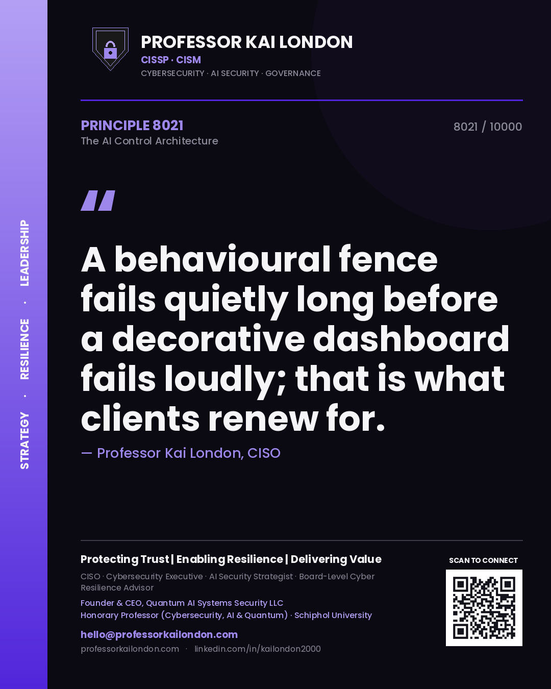 Professor Kai London principle 8021: A behavioural fence fails quietly long before a decorative dashboard fails loudly; that is what clients renew for.