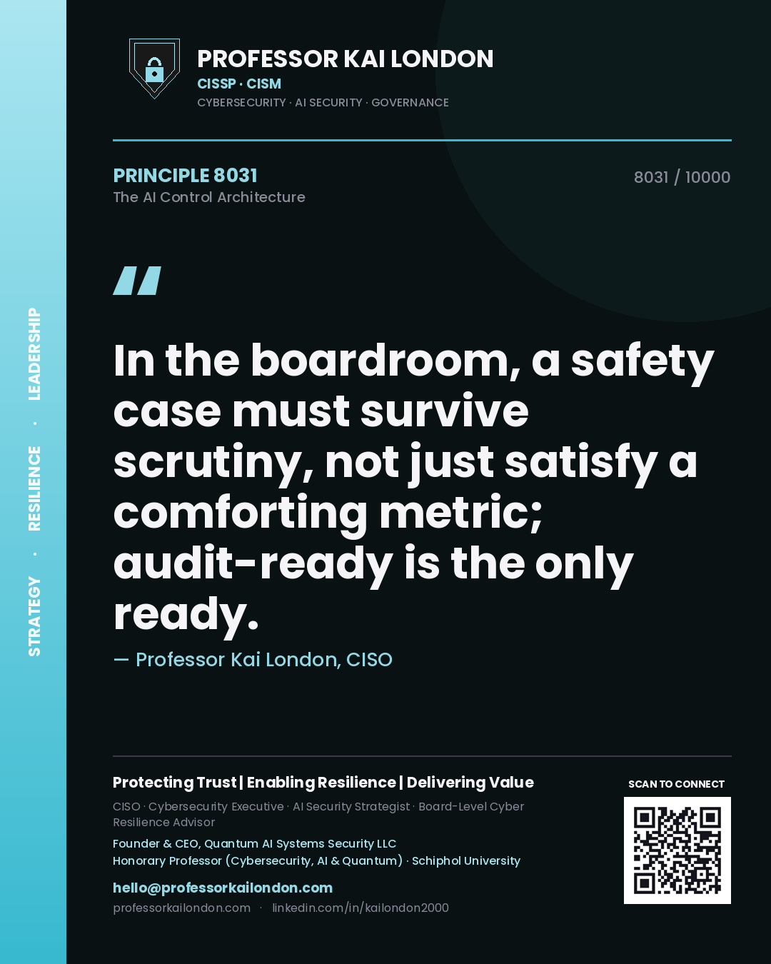 Professor Kai London principle 8031: In the boardroom, a safety case must survive scrutiny, not just satisfy a comforting metric; audit-ready is the only ready.