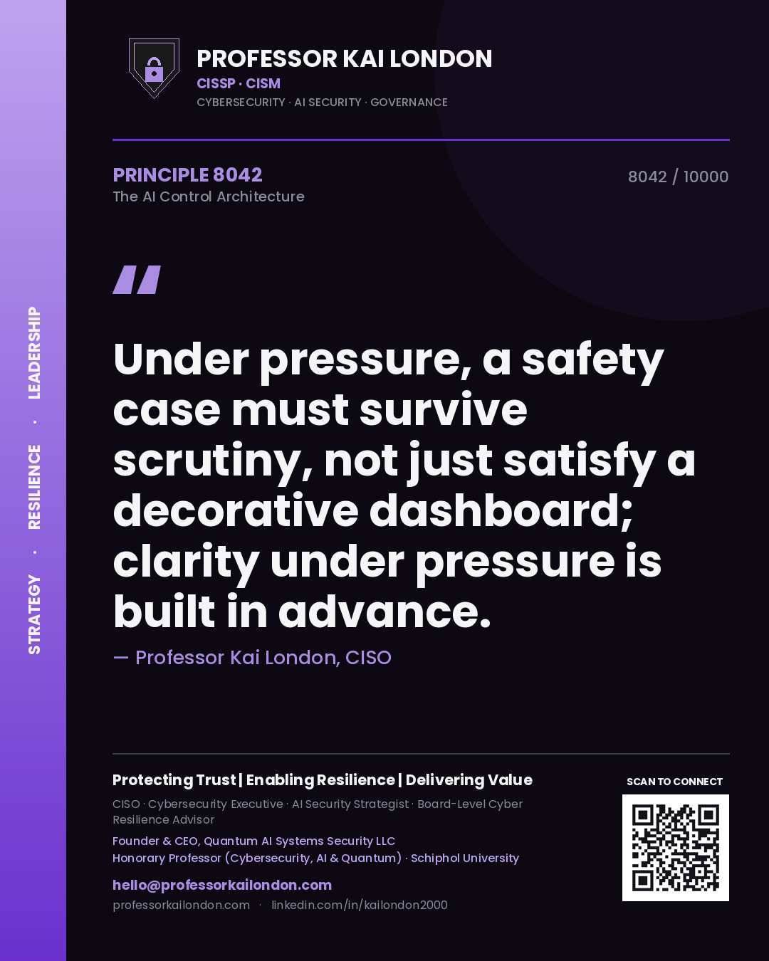 Quote card by Professor Kai London reading 'Under pressure, a safety case must survive scrutiny, not just satisfy a decorative dashboard; clarity under pressure is built in advance.'. From the book The AI Control Architecture.