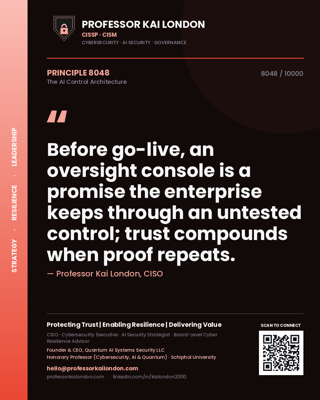 Professor Kai London principle 8048: Before go-live, an oversight console is a promise the enterprise keeps through an untested control; trust compounds when proof repeats.