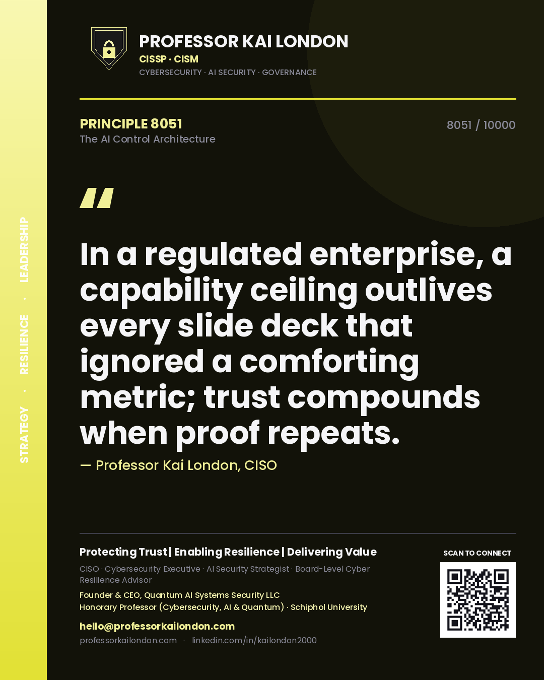 Professor Kai London principle 8051: In a regulated enterprise, a capability ceiling outlives every slide deck that ignored a comforting metric; trust compounds when proof repeats.