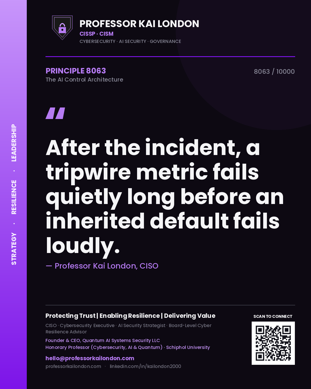 Quote card by Professor Kai London reading 'After the incident, a tripwire metric fails quietly long before an inherited default fails loudly.'. From the book The AI Control Architecture.