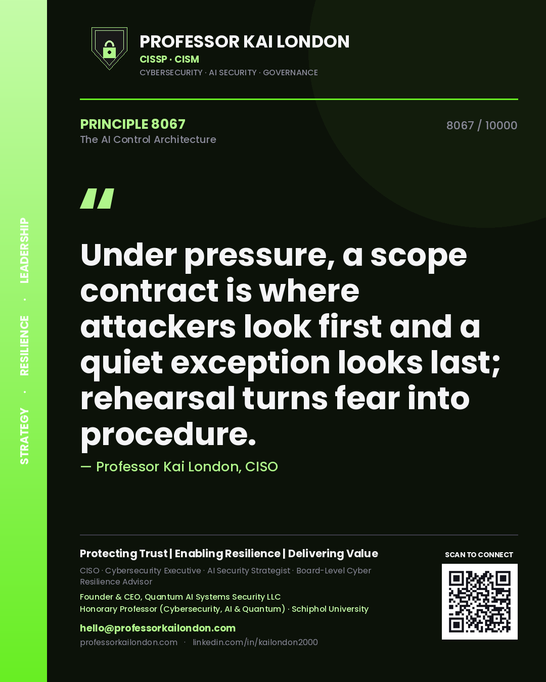 Professor Kai London principle 8067: Under pressure, a scope contract is where attackers look first and a quiet exception looks last; rehearsal turns fear into procedure.