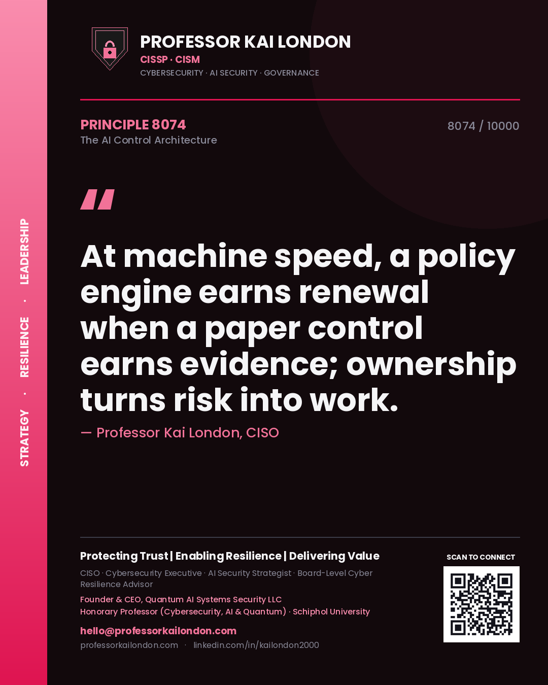 Professor Kai London principle 8074: At machine speed, a policy engine earns renewal when a paper control earns evidence; ownership turns risk into work.