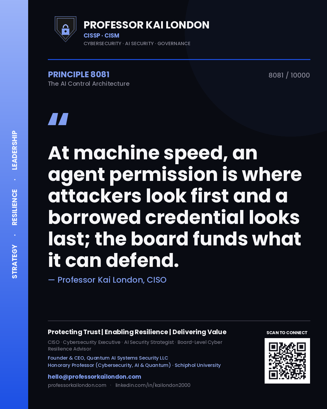 Professor Kai London principle 8081: At machine speed, an agent permission is where attackers look first and a borrowed credential looks last; the board funds what it can defend.