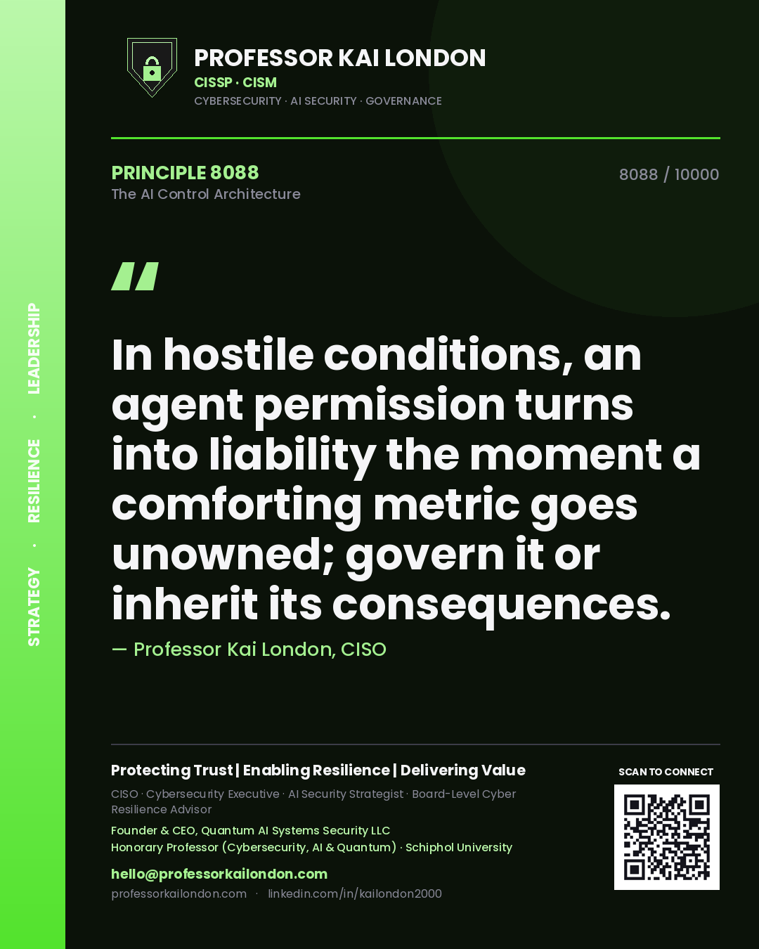 Professor Kai London principle 8088: In hostile conditions, an agent permission turns into liability the moment a comforting metric goes unowned; govern it or inherit its consequences.