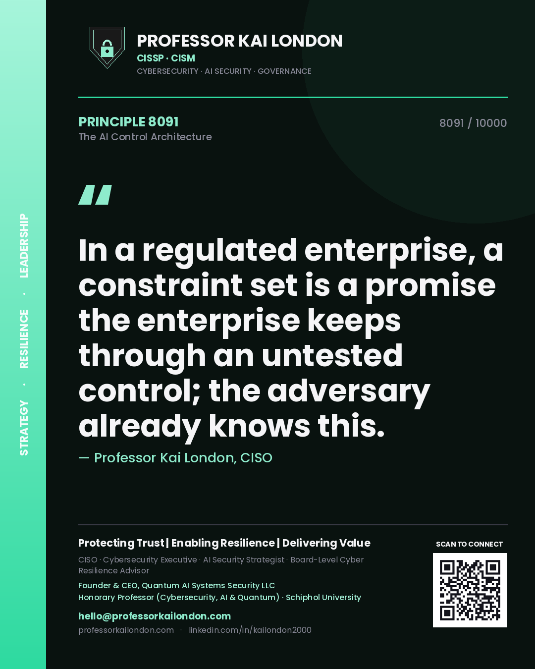 Quote card by Professor Kai London reading 'In a regulated enterprise, a constraint set is a promise the enterprise keeps through an untested control; the adversary already knows this.'. From the book The AI Control Architecture.