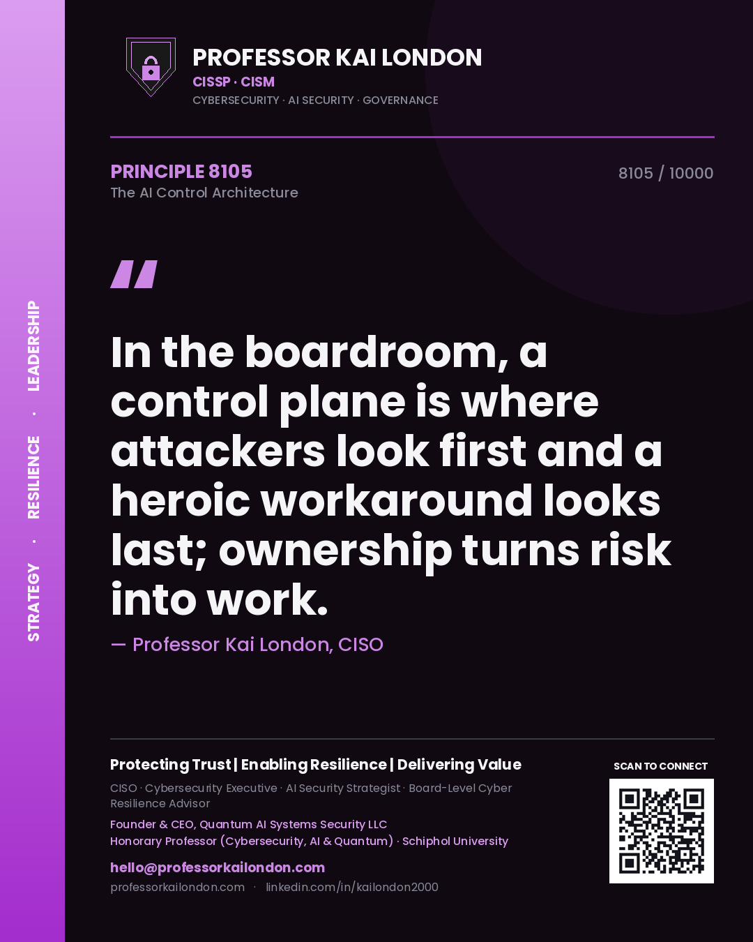 Quote card by Professor Kai London reading 'In the boardroom, a control plane is where attackers look first and a heroic workaround looks last; ownership turns risk into work.'. From the book The AI Control Architecture.