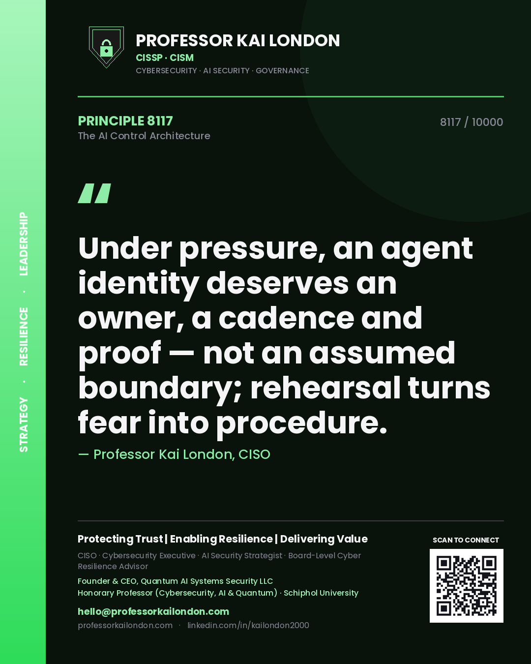 Quote card by Professor Kai London reading 'Under pressure, an agent identity deserves an owner, a cadence and proof — not an assumed boundary; rehearsal turns fear into procedure.'. From the book The AI Control Architecture.