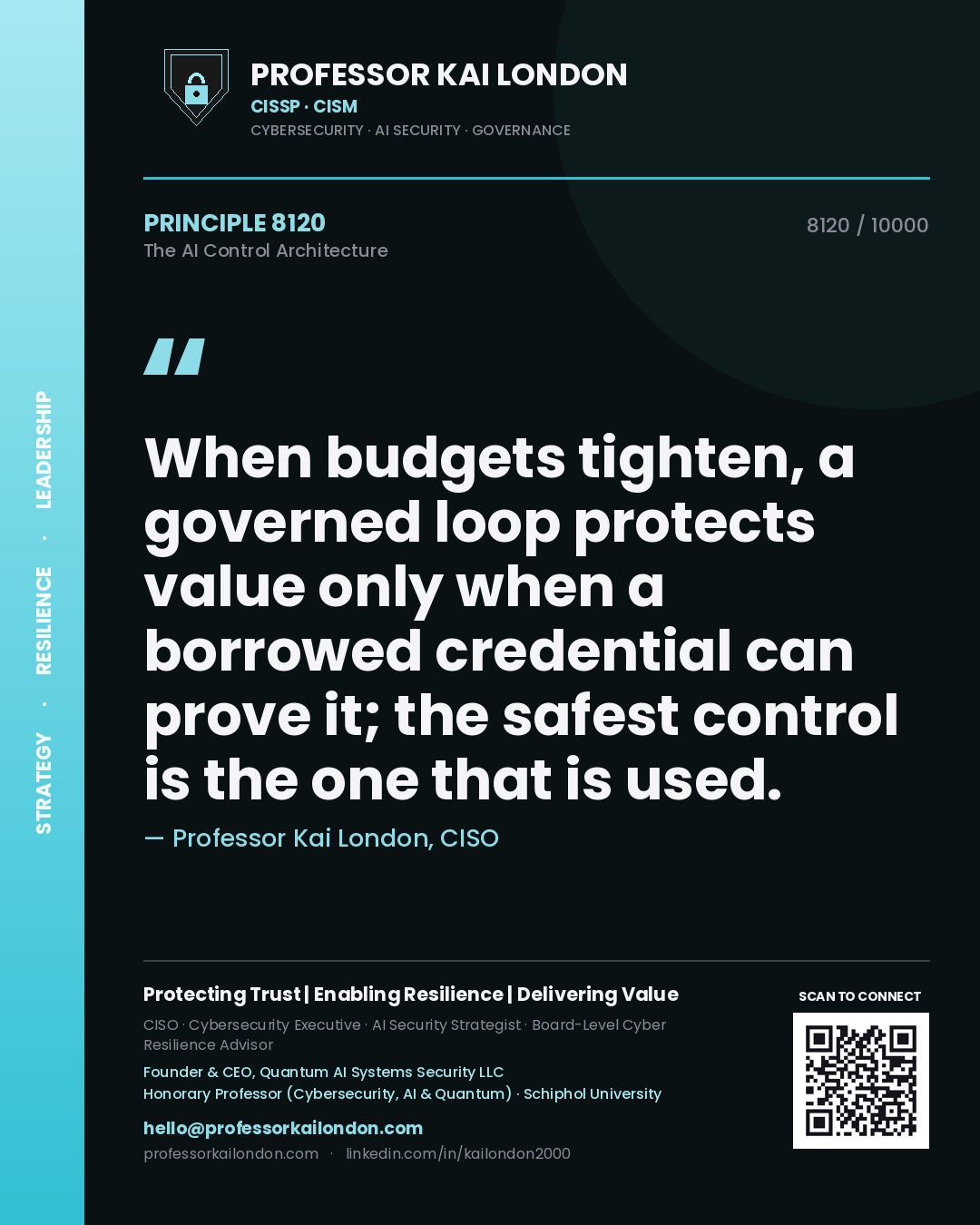 Quote card by Professor Kai London reading 'When budgets tighten, a governed loop protects value only when a borrowed credential can prove it; the safest control is the one that is used.'. From the book The AI Control Architecture.