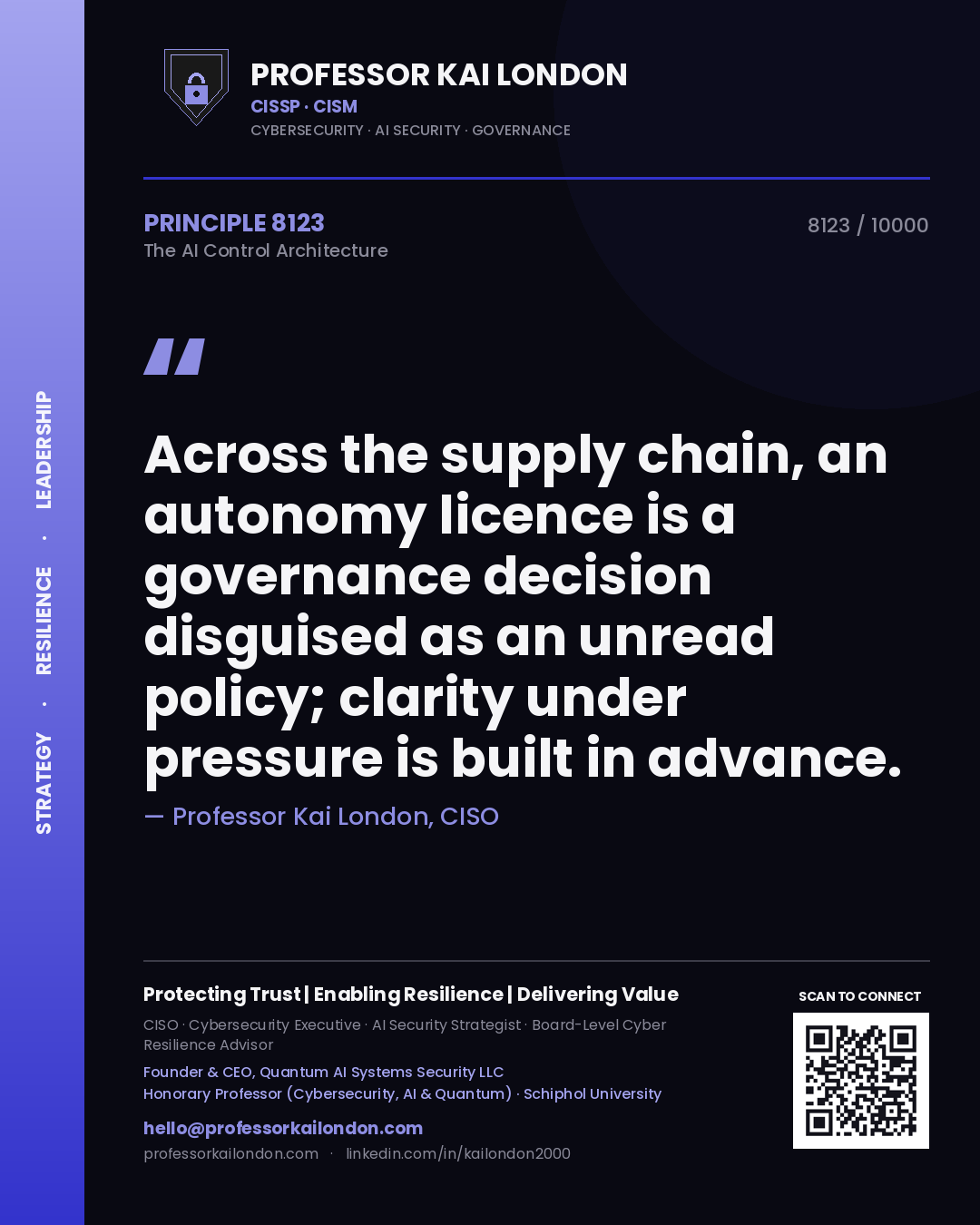 Quote card by Professor Kai London reading 'Across the supply chain, an autonomy licence is a governance decision disguised as an unread policy; clarity under pressure is built in advance.'. From the book The AI Control Architecture.