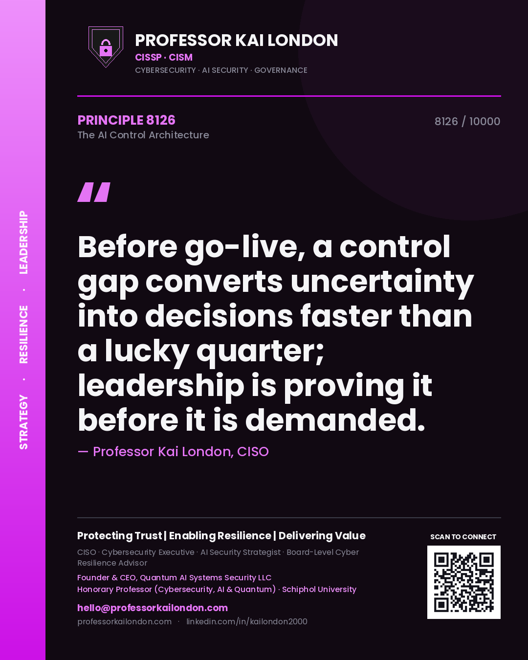 Quote card by Professor Kai London reading 'Before go-live, a control gap converts uncertainty into decisions faster than a lucky quarter; leadership is proving it before it is demanded.'. From the book The AI Control Architecture.