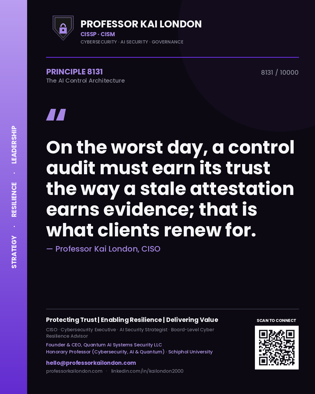 Quote card by Professor Kai London reading 'On the worst day, a control audit must earn its trust the way a stale attestation earns evidence; that is what clients renew for.'. From the book The AI Control Architecture.