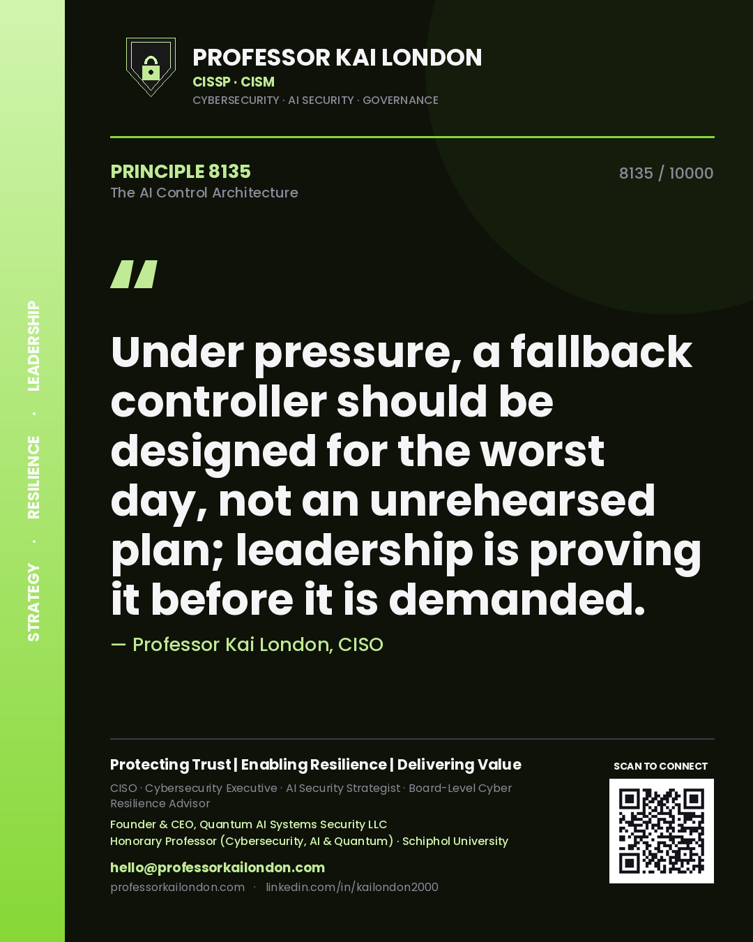 Quote card by Professor Kai London reading 'Under pressure, a fallback controller should be designed for the worst day, not an unrehearsed plan; leadership is proving it before it is demanded.'. From the book The AI Control Architecture.