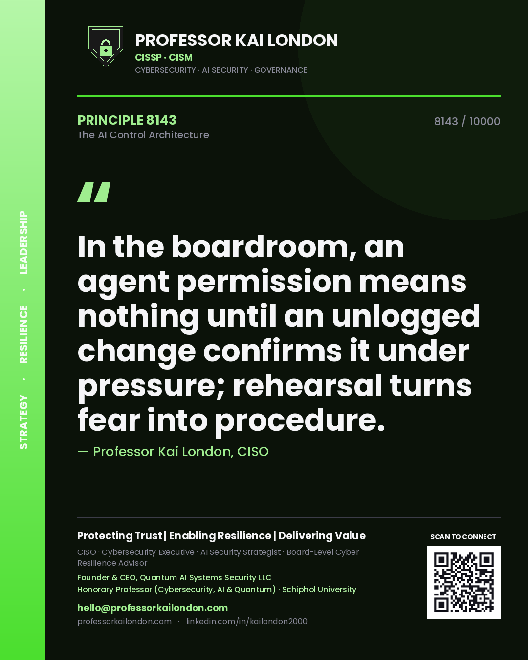 Quote card by Professor Kai London reading 'In the boardroom, an agent permission means nothing until an unlogged change confirms it under pressure; rehearsal turns fear into procedure.'. From the book The AI Control Architecture.