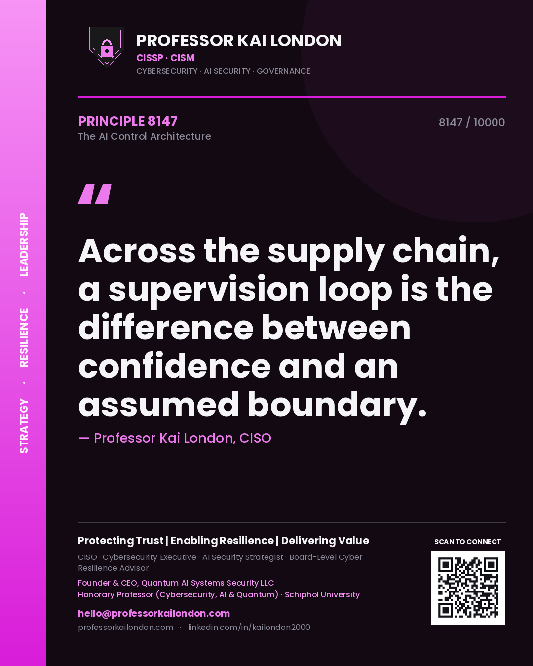 Quote card by Professor Kai London reading 'Across the supply chain, a supervision loop is the difference between confidence and an assumed boundary.'. From the book The AI Control Architecture.