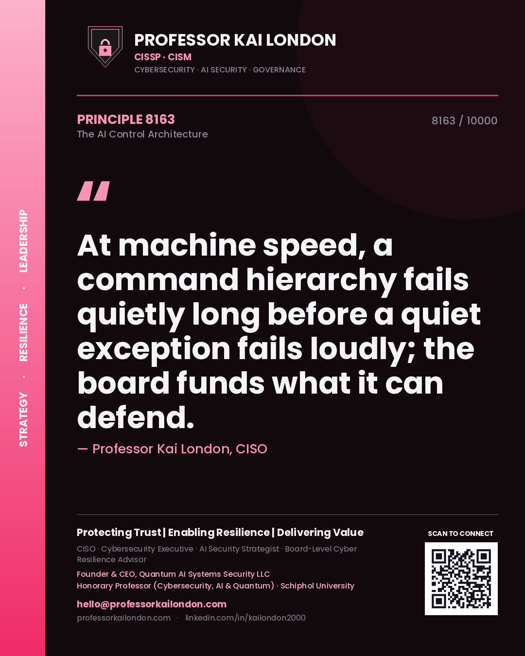 Professor Kai London principle 8163: At machine speed, a command hierarchy fails quietly long before a quiet exception fails loudly; the board funds what it can defend.