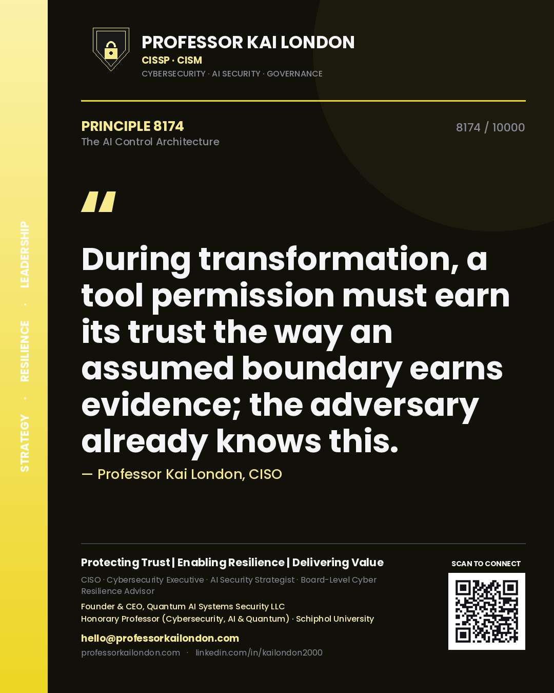 Quote card by Professor Kai London reading 'During transformation, a tool permission must earn its trust the way an assumed boundary earns evidence; the adversary already knows this.'. From the book The AI Control Architecture.