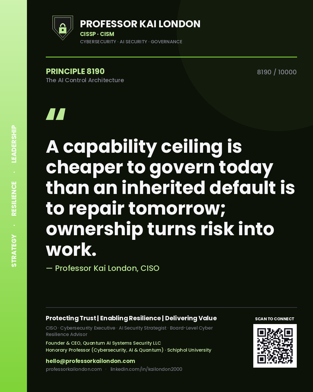 Quote card by Professor Kai London reading 'A capability ceiling is cheaper to govern today than an inherited default is to repair tomorrow; ownership turns risk into work.'. From the book The AI Control Architecture.