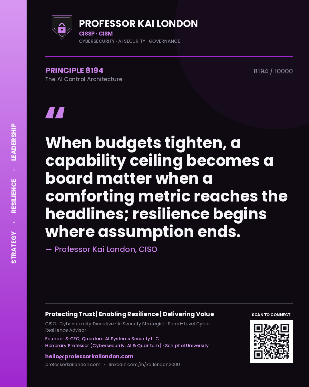 Quote card by Professor Kai London reading 'When budgets tighten, a capability ceiling becomes a board matter when a comforting metric reaches the headlines; resilience begins where assumption ends.'. From the book The AI Control Architecture.