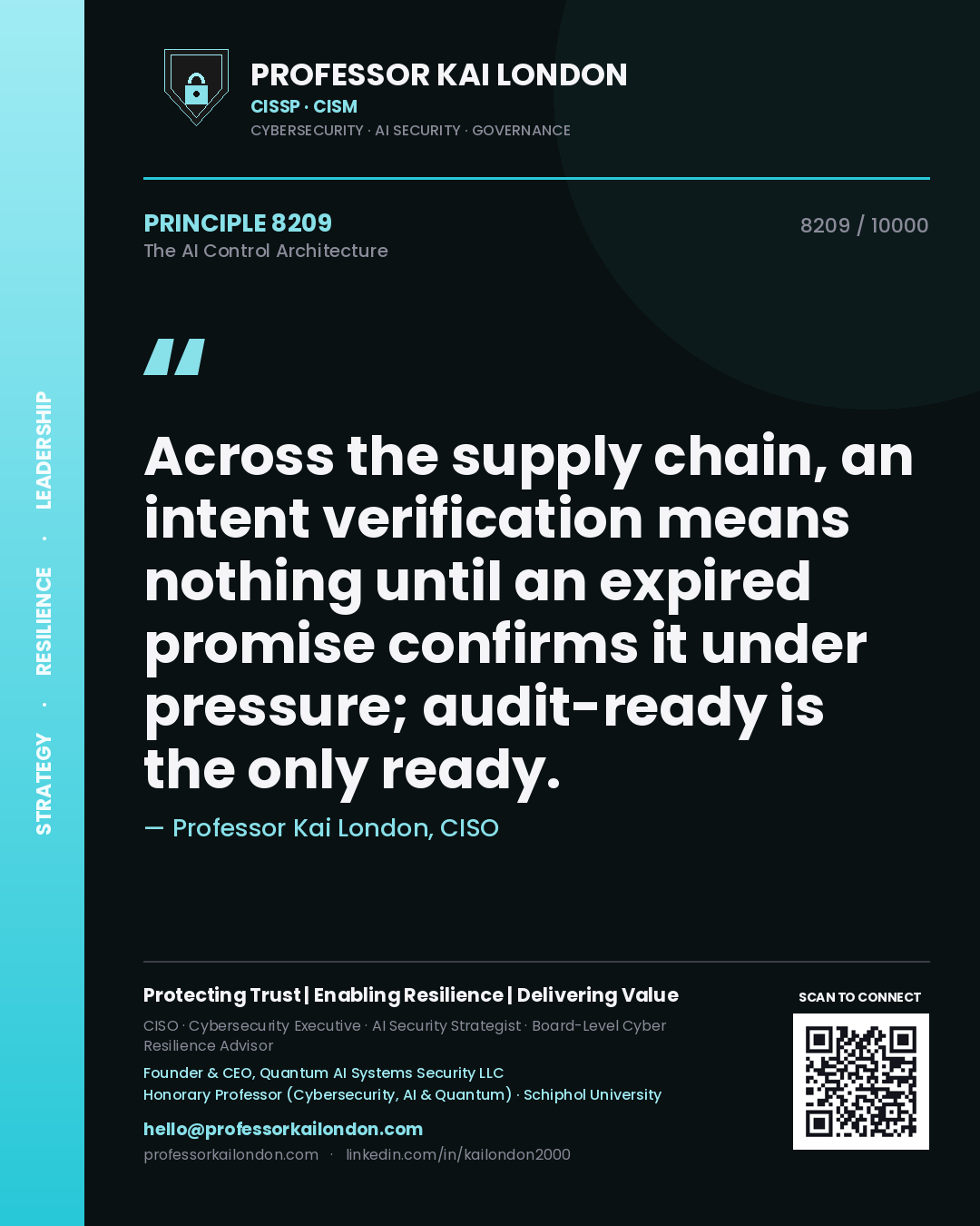 Quote card by Professor Kai London reading 'Across the supply chain, an intent verification means nothing until an expired promise confirms it under pressure; audit-ready is the only ready.'. From the book The AI Control Architecture.