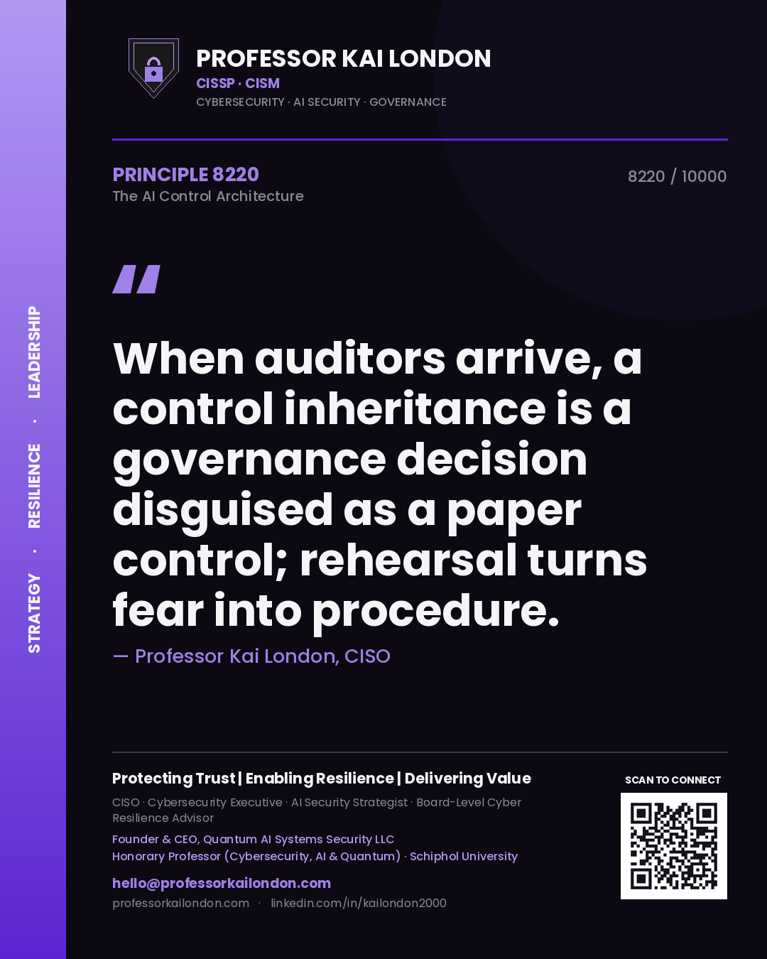 Quote card by Professor Kai London reading 'When auditors arrive, a control inheritance is a governance decision disguised as a paper control; rehearsal turns fear into procedure.'. From the book The AI Control Architecture.