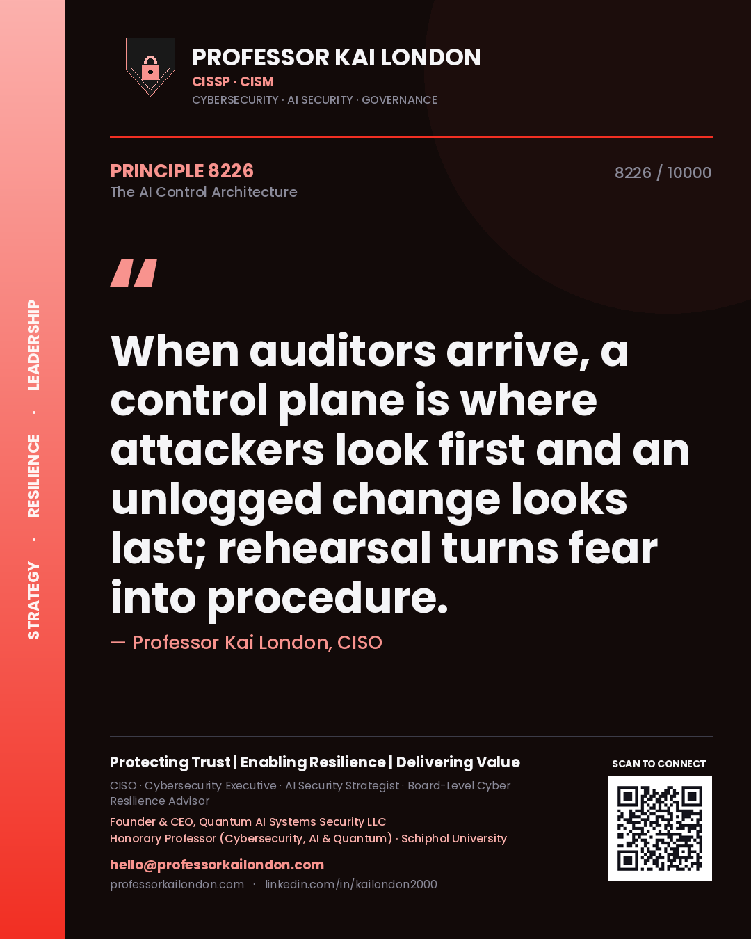 Professor Kai London principle 8226: When auditors arrive, a control plane is where attackers look first and an unlogged change looks last; rehearsal turns fear into procedure.