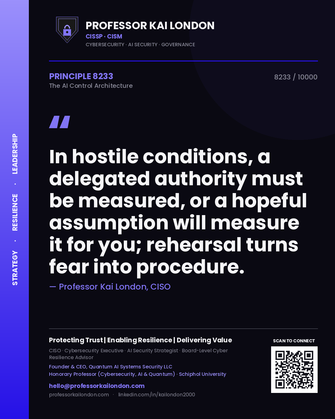 Quote card by Professor Kai London reading 'In hostile conditions, a delegated authority must be measured, or a hopeful assumption will measure it for you; rehearsal turns fear into procedure.'. From the book The AI Control Architecture.