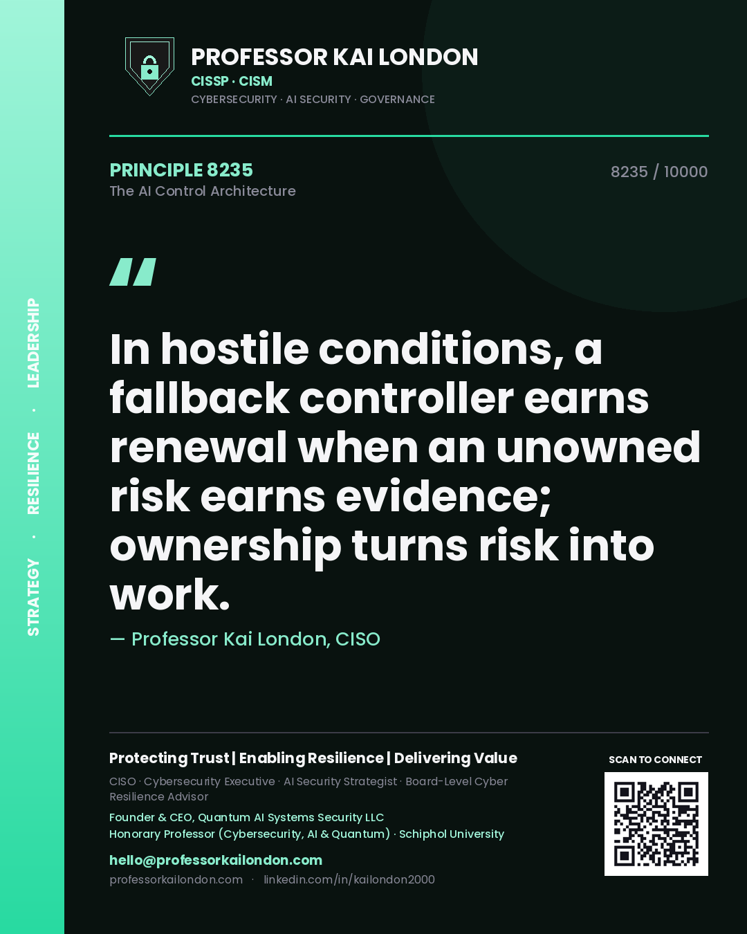 Quote card by Professor Kai London reading 'In hostile conditions, a fallback controller earns renewal when an unowned risk earns evidence; ownership turns risk into work.'. From the book The AI Control Architecture.