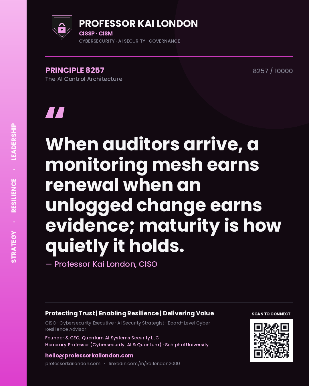 Quote card by Professor Kai London reading 'When auditors arrive, a monitoring mesh earns renewal when an unlogged change earns evidence; maturity is how quietly it holds.'. From the book The AI Control Architecture.