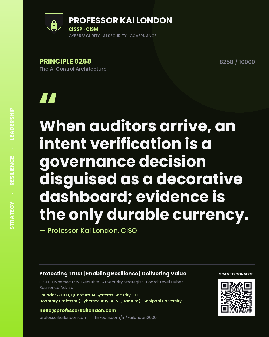 Quote card by Professor Kai London reading 'When auditors arrive, an intent verification is a governance decision disguised as a decorative dashboard; evidence is the only durable currency.'. From the book The AI Control Architecture.