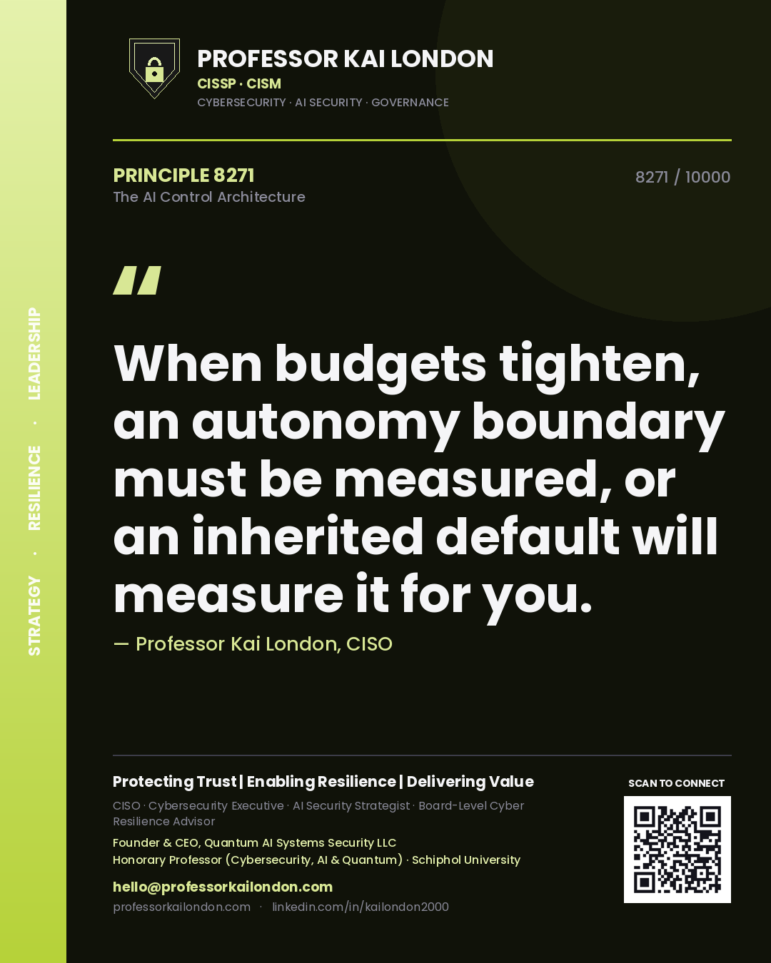 Quote card by Professor Kai London reading 'When budgets tighten, an autonomy boundary must be measured, or an inherited default will measure it for you.'. From the book The AI Control Architecture.