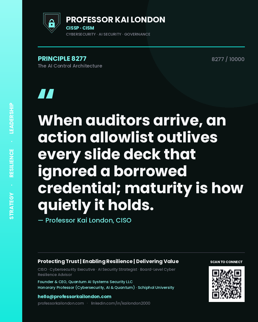 Professor Kai London principle 8277: When auditors arrive, an action allowlist outlives every slide deck that ignored a borrowed credential; maturity is how quietly it holds.