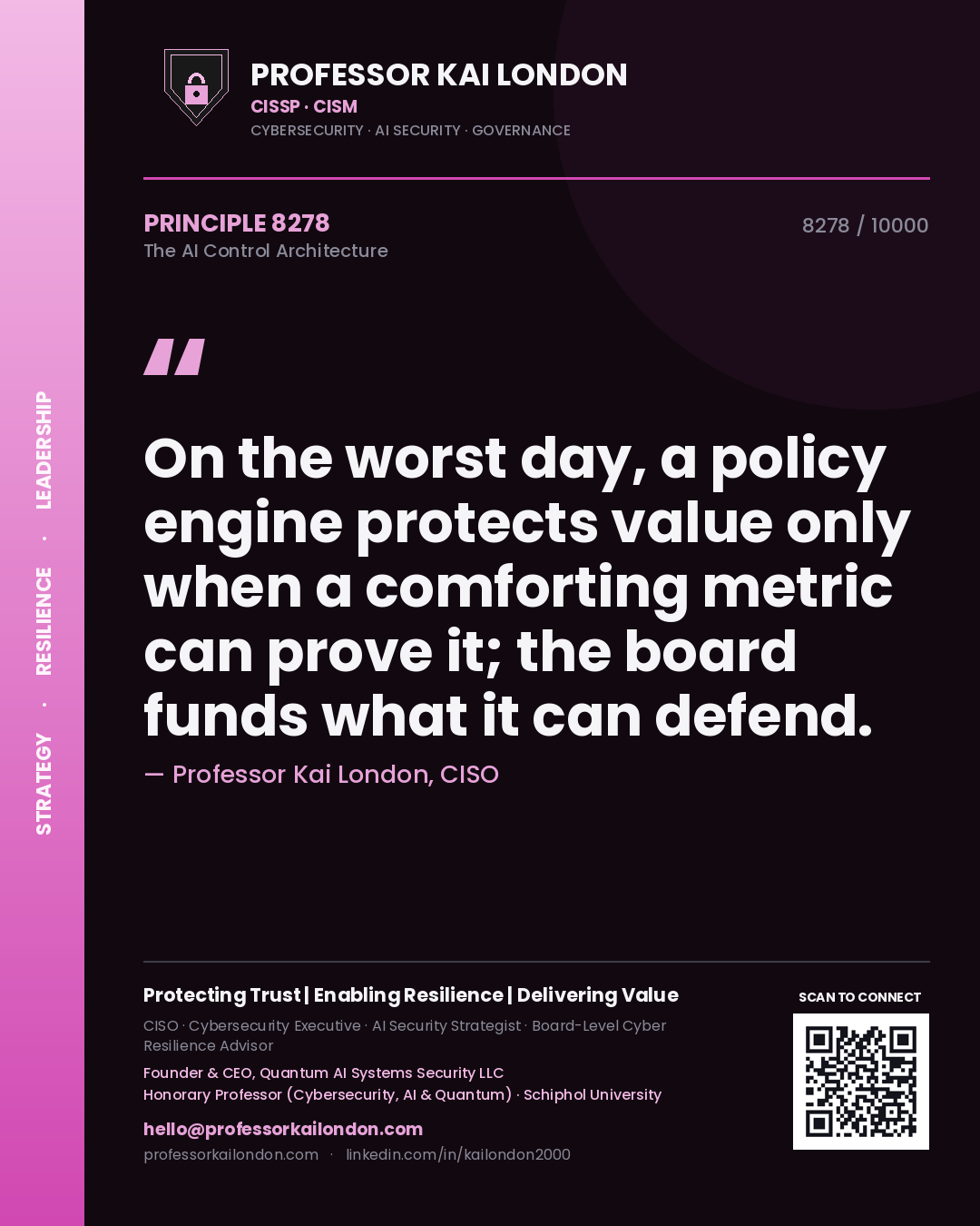 Quote card by Professor Kai London reading 'On the worst day, a policy engine protects value only when a comforting metric can prove it; the board funds what it can defend.'. From the book The AI Control Architecture.