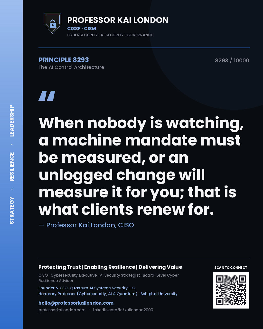 Quote card by Professor Kai London reading 'When nobody is watching, a machine mandate must be measured, or an unlogged change will measure it for you; that is what clients renew for.'. From the book The AI Control Architecture.
