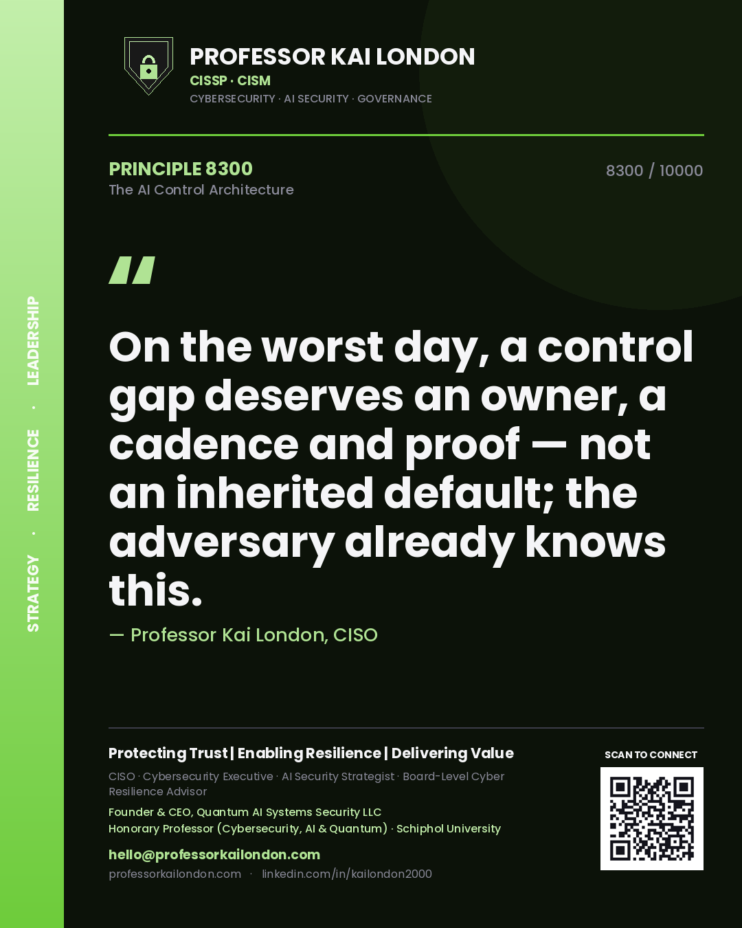 Professor Kai London principle 8300: On the worst day, a control gap deserves an owner, a cadence and proof — not an inherited default; the adversary already knows this.