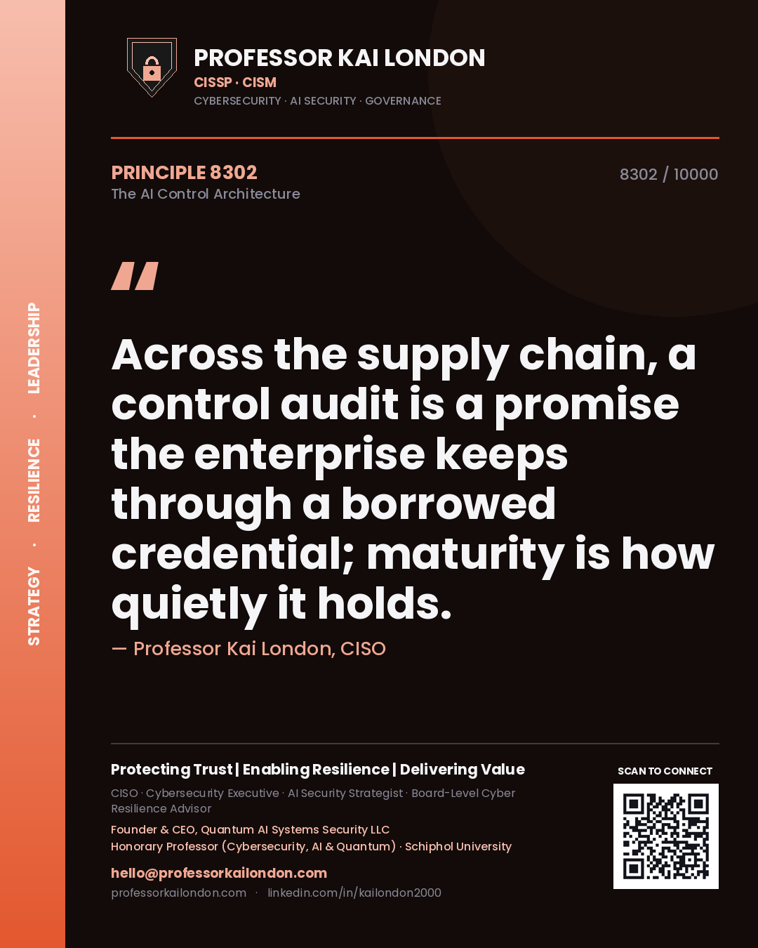 Quote card by Professor Kai London reading 'Across the supply chain, a control audit is a promise the enterprise keeps through a borrowed credential; maturity is how quietly it holds.'. From the book The AI Control Architecture.
