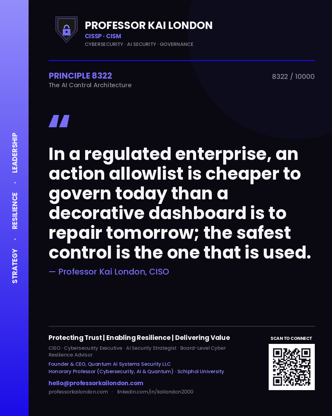 Quote card by Professor Kai London reading 'In a regulated enterprise, an action allowlist is cheaper to govern today than a decorative dashboard is to repair tomorrow; the safest control is the one that is used.'. From the book The AI Control Architecture.