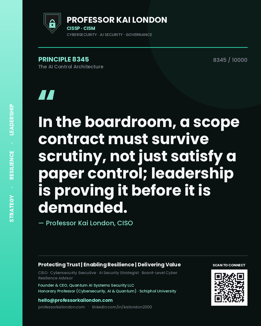 Quote card by Professor Kai London reading 'In the boardroom, a scope contract must survive scrutiny, not just satisfy a paper control; leadership is proving it before it is demanded.'. From the book The AI Control Architecture.