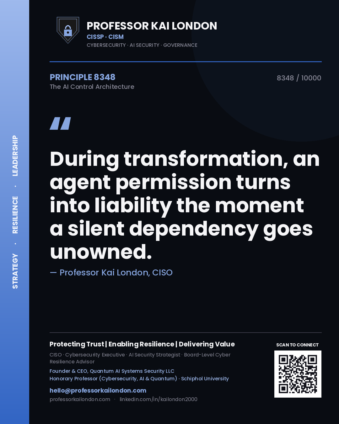 Quote card by Professor Kai London reading 'During transformation, an agent permission turns into liability the moment a silent dependency goes unowned.'. From the book The AI Control Architecture.