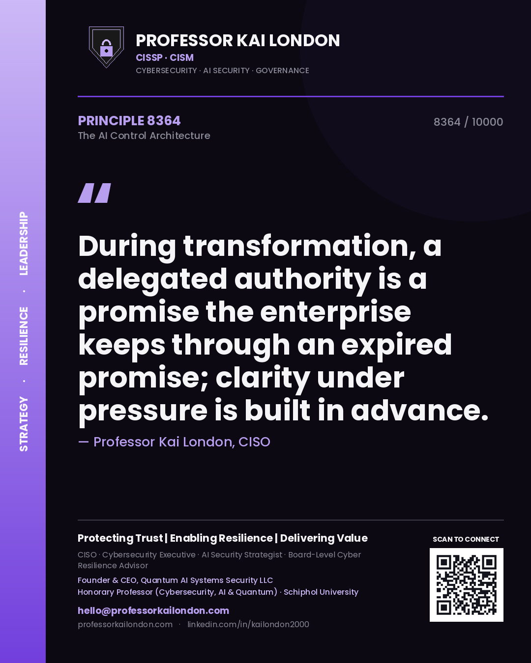 Quote card by Professor Kai London reading 'During transformation, a delegated authority is a promise the enterprise keeps through an expired promise; clarity under pressure is built in advance.'. From the book The AI Control Architecture.
