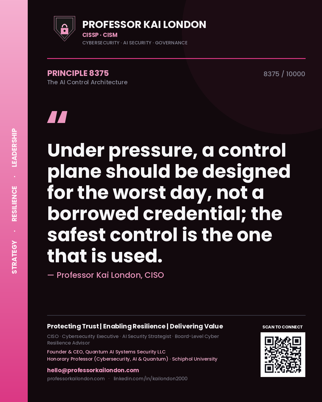 Quote card by Professor Kai London reading 'Under pressure, a control plane should be designed for the worst day, not a borrowed credential; the safest control is the one that is used.'. From the book The AI Control Architecture.