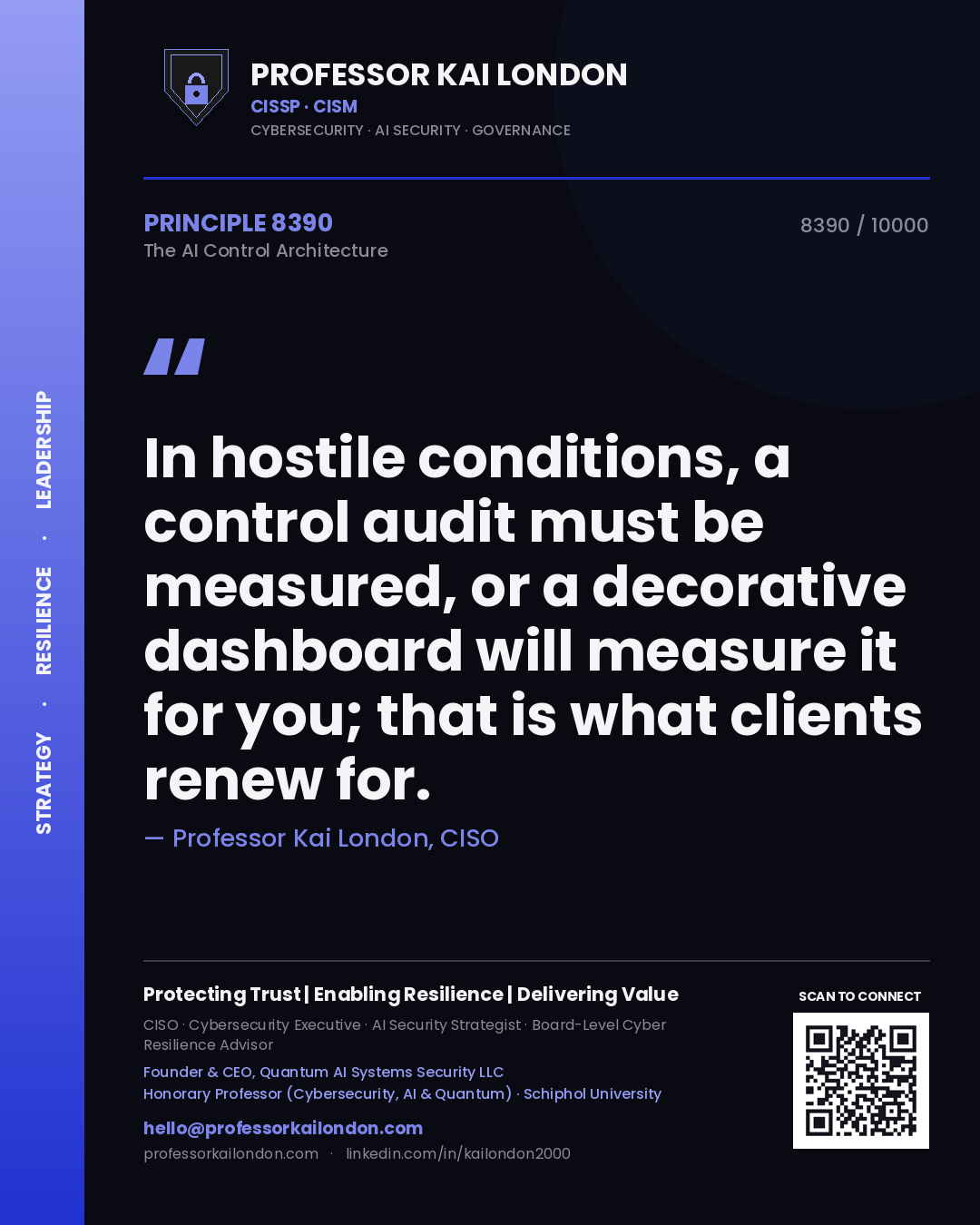 Quote card by Professor Kai London reading 'In hostile conditions, a control audit must be measured, or a decorative dashboard will measure it for you; that is what clients renew for.'. From the book The AI Control Architecture.