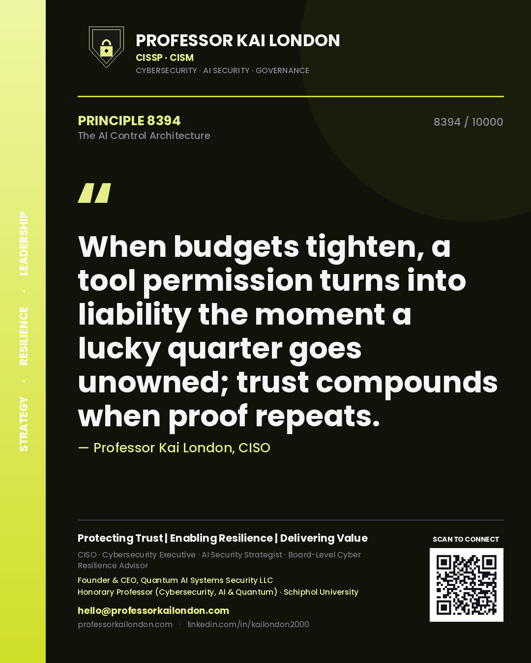 Professor Kai London principle 8394: When budgets tighten, a tool permission turns into liability the moment a lucky quarter goes unowned; trust compounds when proof repeats.