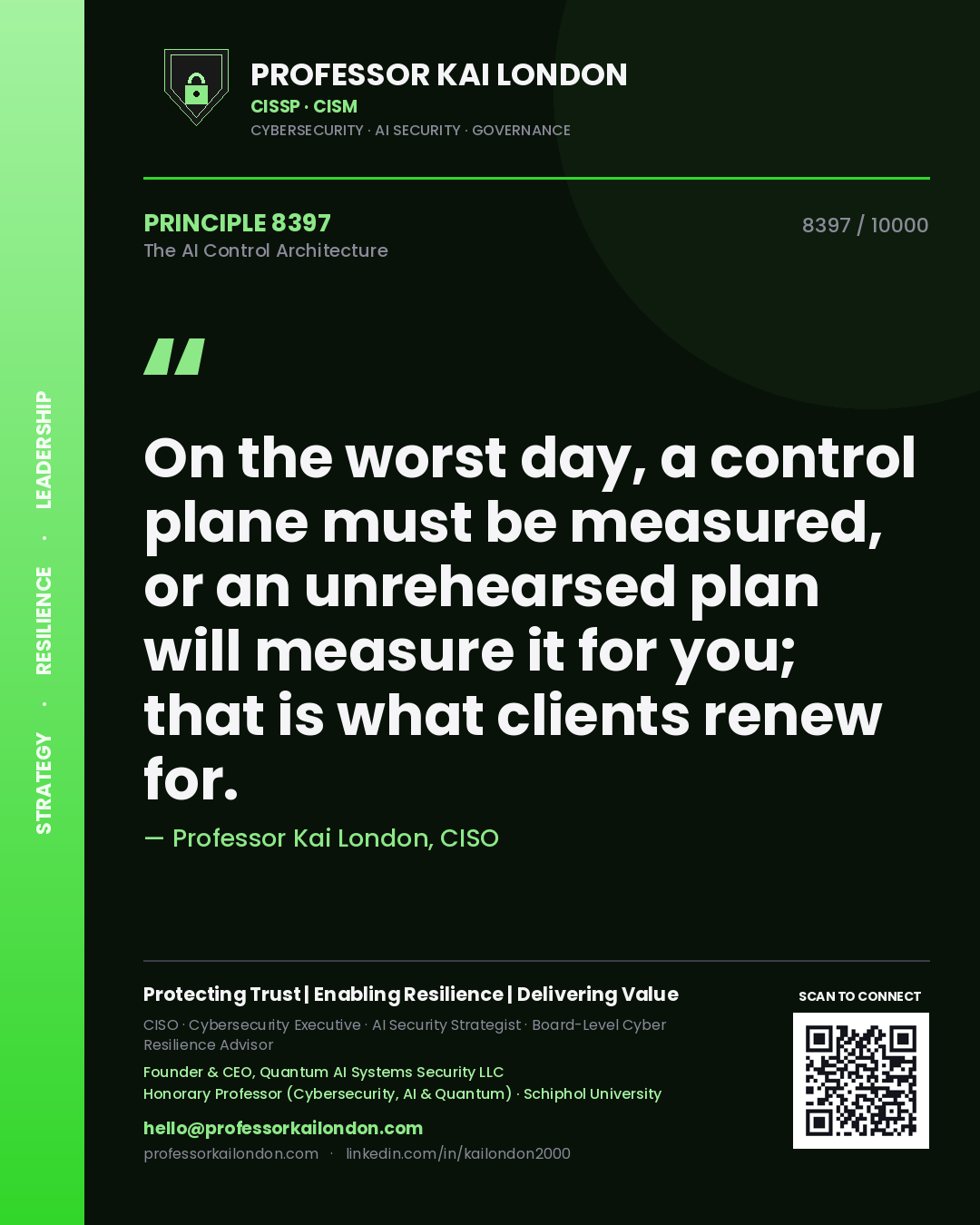 Quote card by Professor Kai London reading 'On the worst day, a control plane must be measured, or an unrehearsed plan will measure it for you; that is what clients renew for.'. From the book The AI Control Architecture.