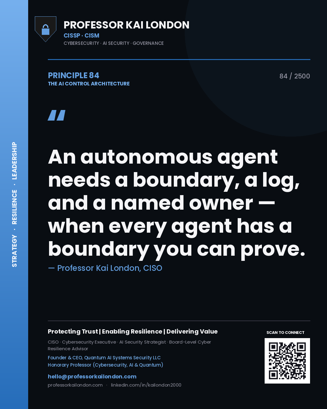 Quote card by Professor Kai London reading 'An autonomous agent needs a boundary, a log, and a named owner — when every agent has a boundary you can prove.'. From the book The AI Control Architecture.
