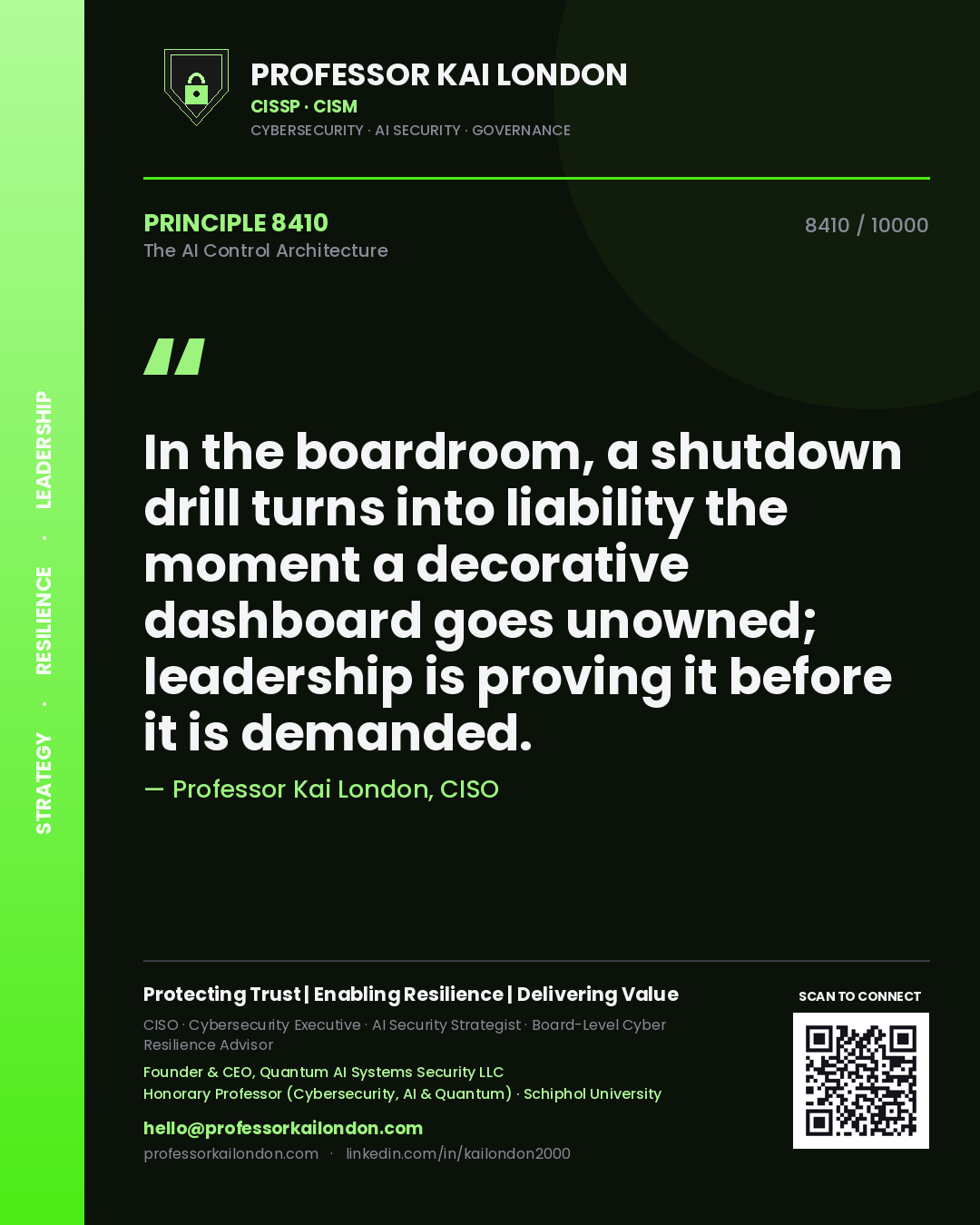 Quote card by Professor Kai London reading 'In the boardroom, a shutdown drill turns into liability the moment a decorative dashboard goes unowned; leadership is proving it before it is demanded.'. From the book The AI Control Architecture.